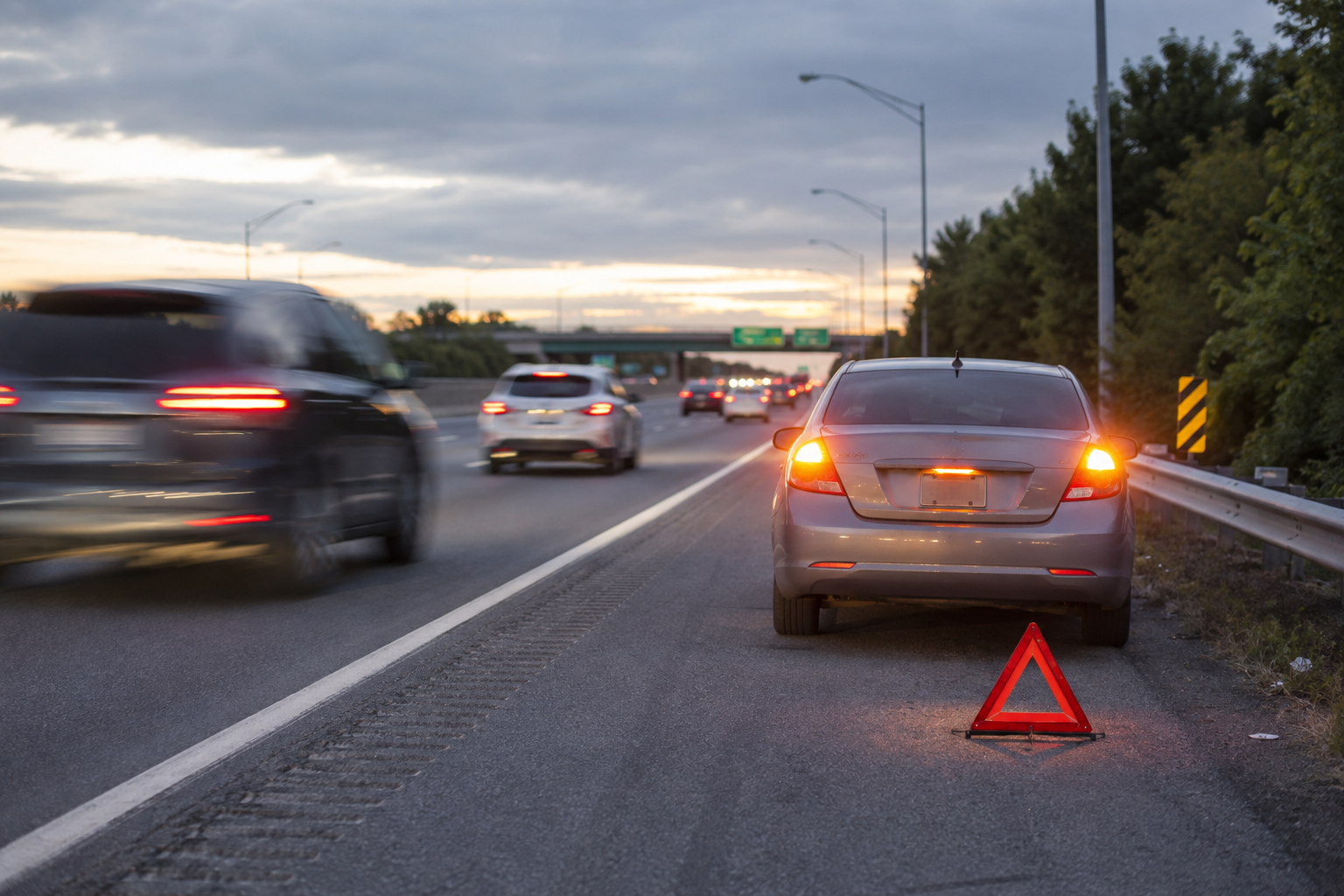 A car pulled off the side of a highway at dusk with an emergency safety triangle on behind it while cars speed by it.